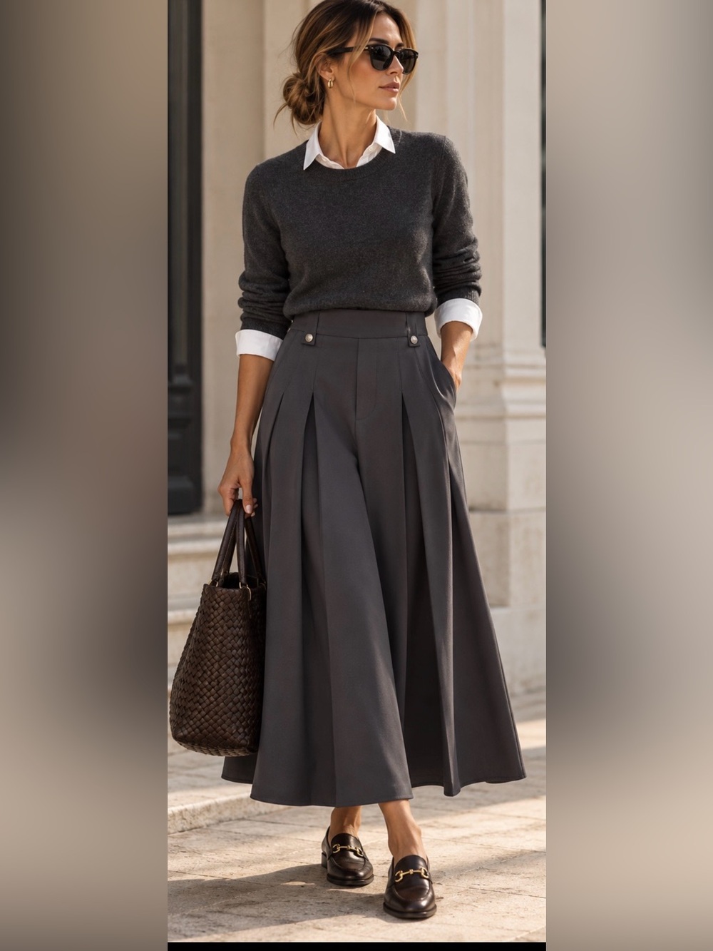 High-Waist Charcoal Pleated  Midi Skirt